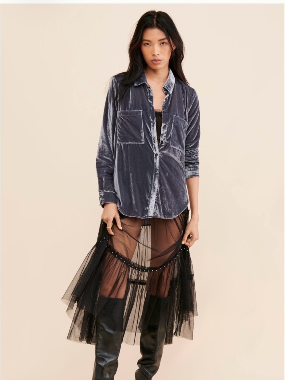 Women's Velvet Button-Down Shirt Jacket - Slate Purple - Picture 4 of 4